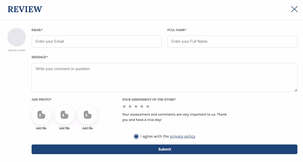 LATO AI Second Time customer review form with rating stars, comment, and photo upload