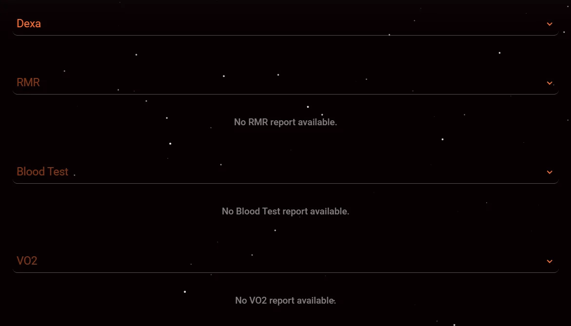 LATO AI Delta health dashboard report section showing unavailable results for Dexa, RMR, blood test, and VO2 modules.