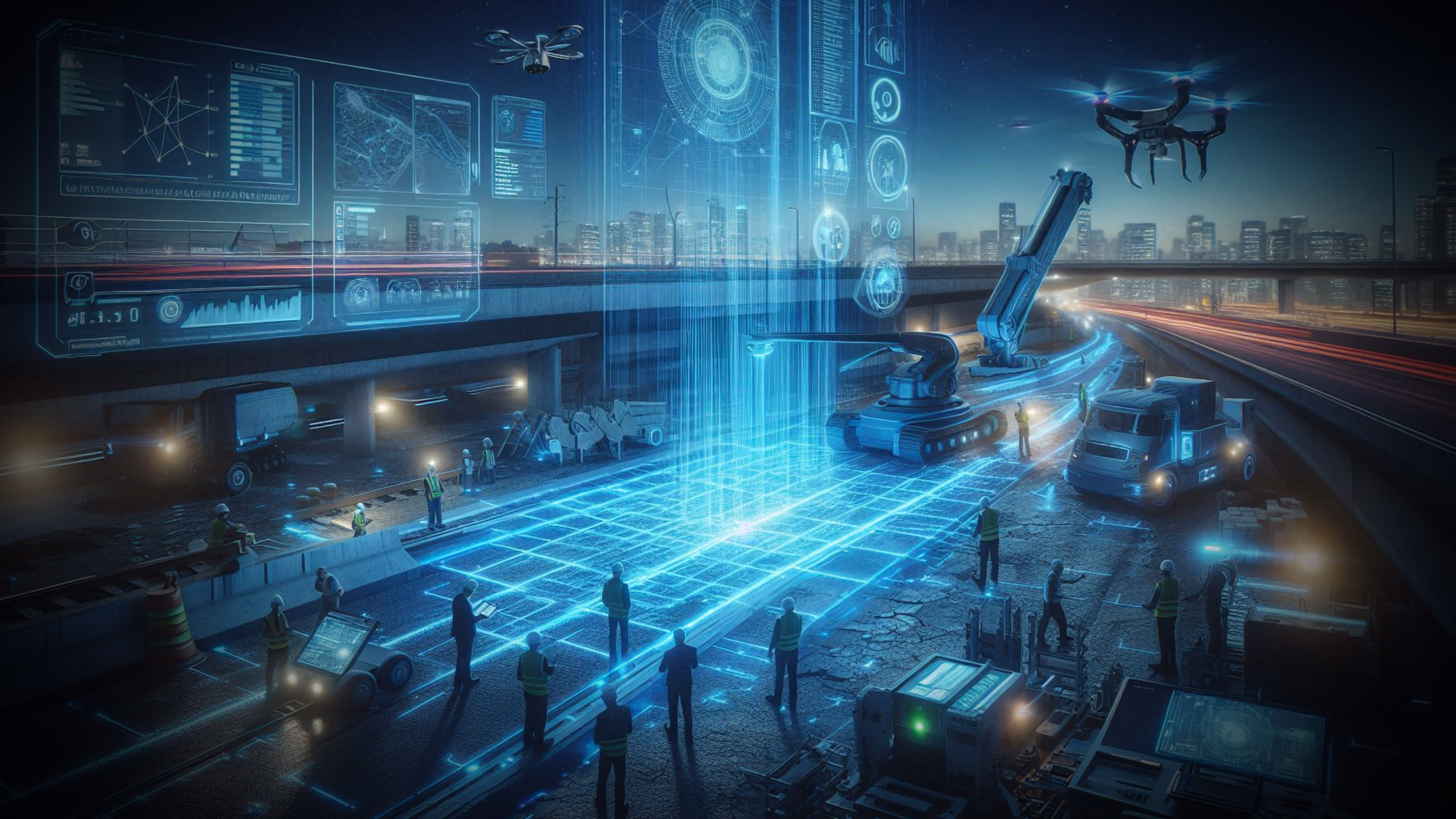 LATO AI The Pavement Group cover image showing futuristic highway construction with drones, AI-powered holographic dashboards, and smart machinery for automated inspections, pavement analysis, and digital work order management.