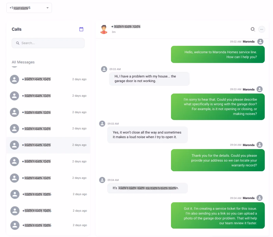 LATO AI Maronda Homes service portal screenshot displaying call log and chat conversation for warranty issue reporting and service ticket creation.