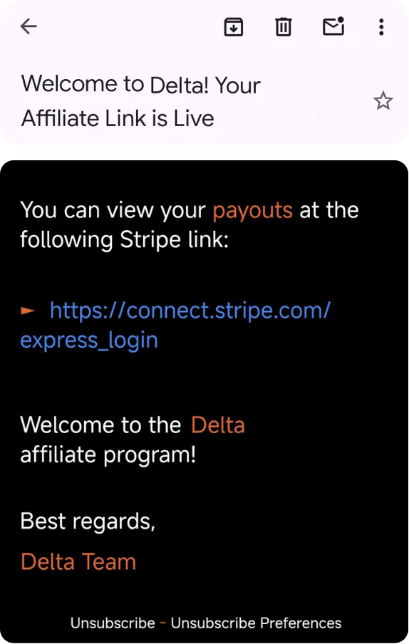 LATO AI Delta affiliate program email confirming live affiliate link with Stripe payout access for commission tracking and earnings management.