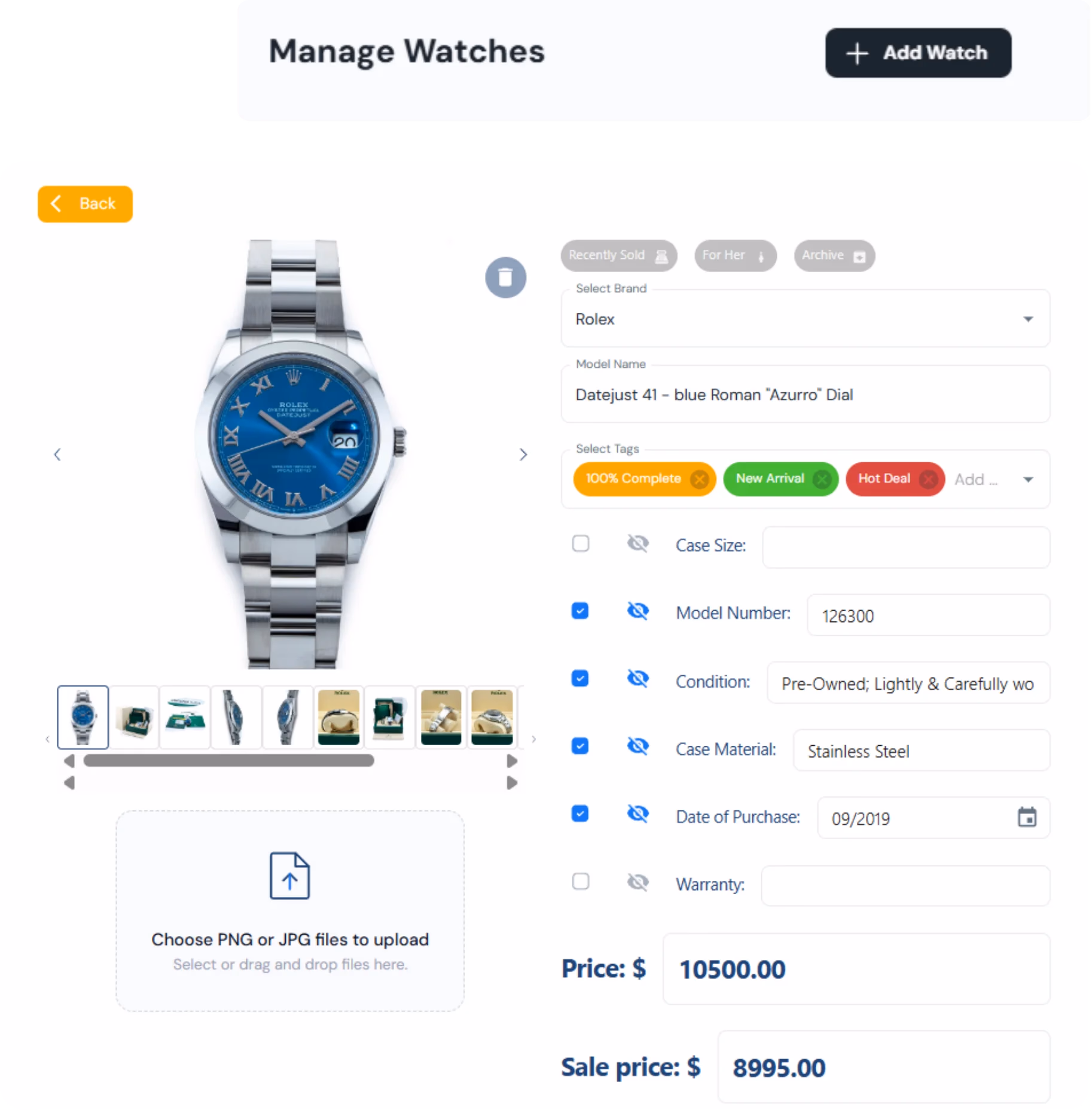 LATO AI Second Time manage watches admin panel with Rolex Datejust 41 blue Roman dial, model 126300, pre-owned condition, stainless steel, price 10500, sale price 8995