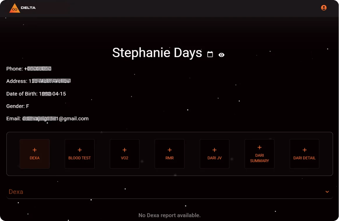LATO AI Delta user profile dashboard showing personal details and health test modules including Dexa, blood test, VO2, RMR, and performance summaries.