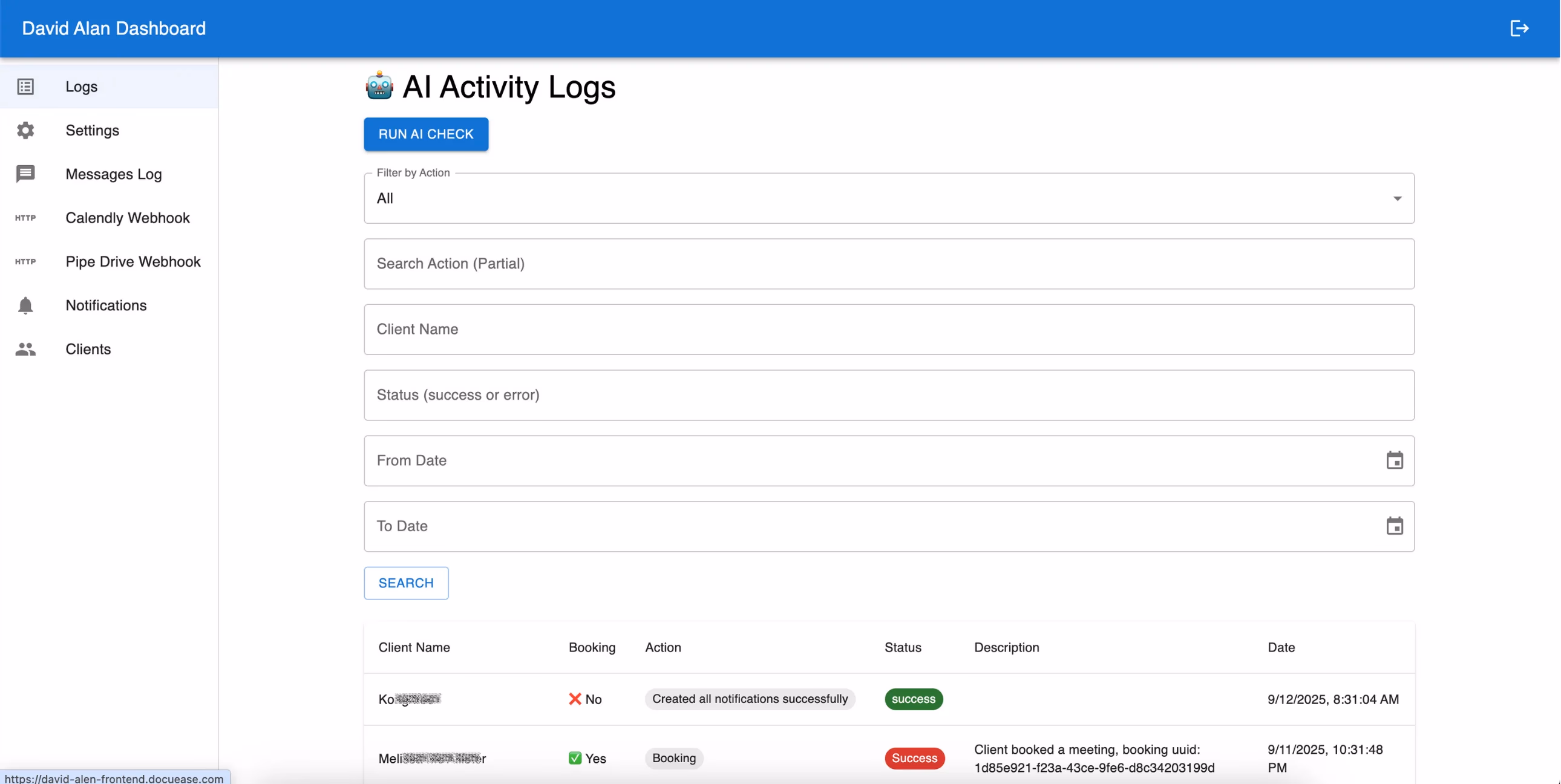 LATO AI David Alan dashboard screenshot showing AI Activity Logs with client booking records, webhook integrations, and notification status tracking.