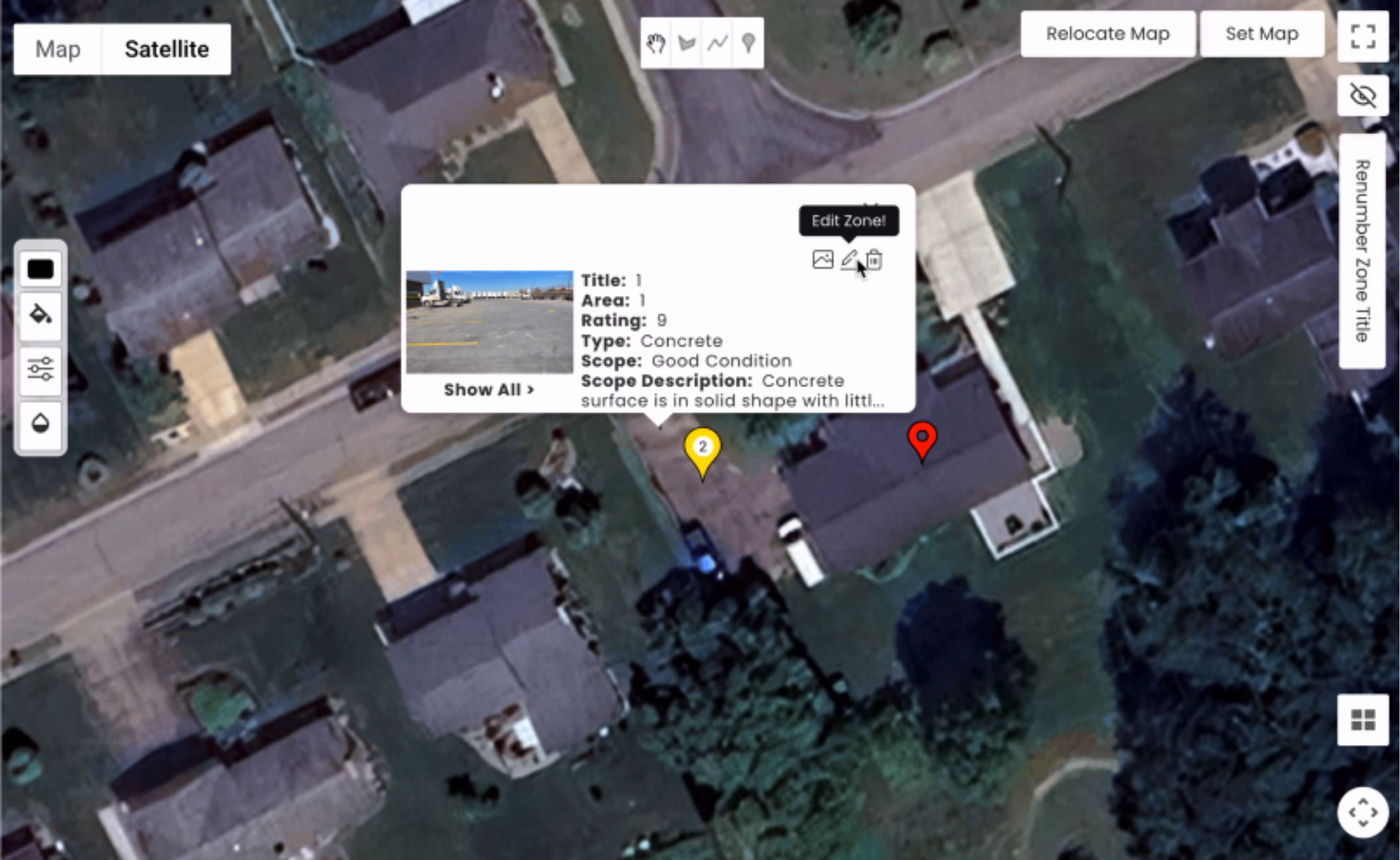 LATO AI The Pavement Group issues map screenshot showing a highlighted zone with details including title, area, rating, type (concrete), scope, and description, alongside a photo of the pavement condition for AI-powered site assessment.