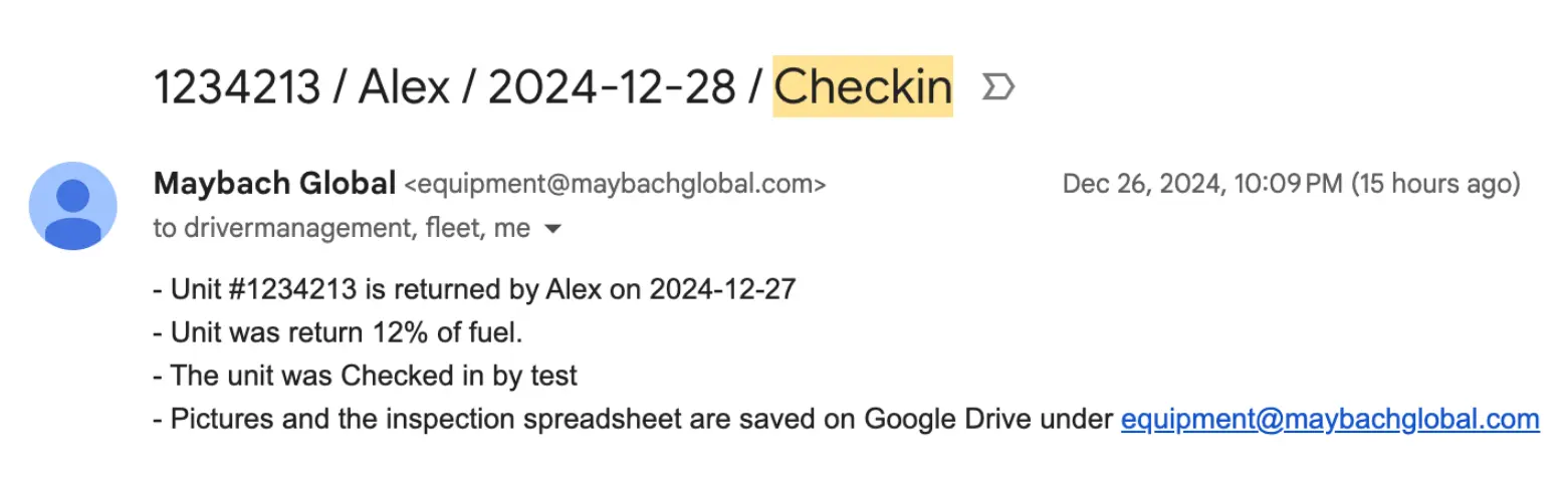 LATO AI Maybach Global automated email showing truck check-in details with fuel level, return date, and inspection documents saved for fleet management compliance