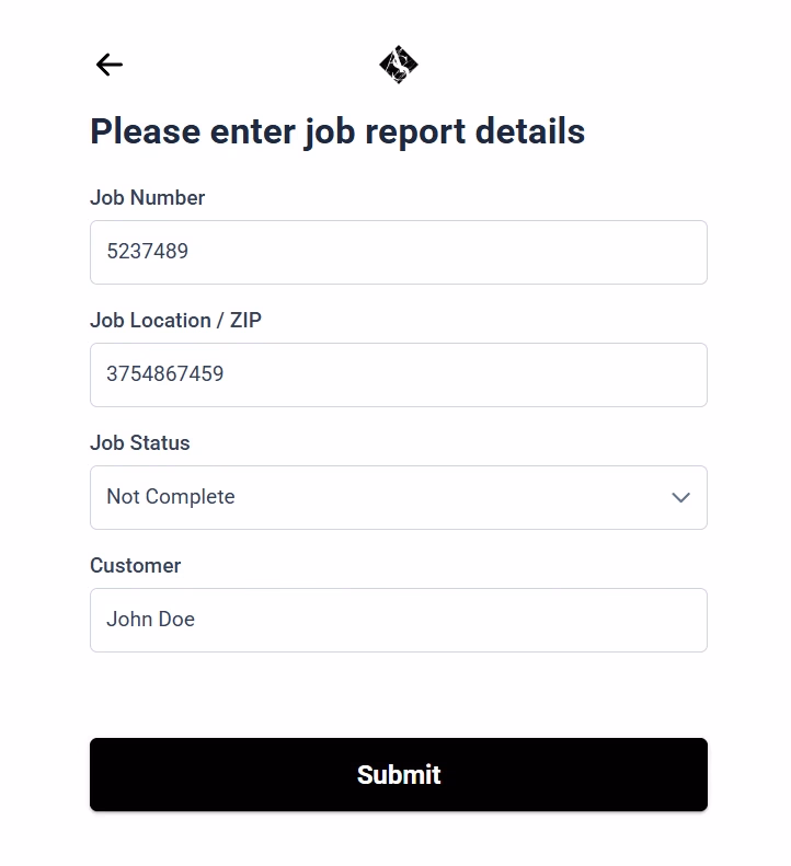 LATO AI Armina Stone job report form showing fields for job number, location, status, and customer information for automated construction reporting