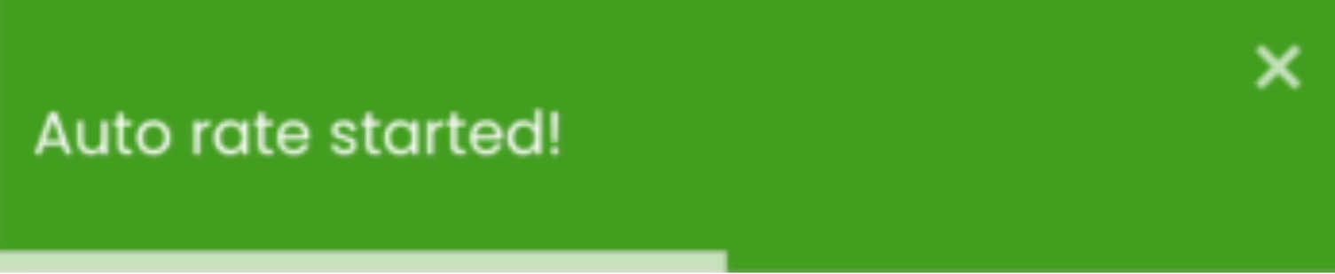LATO AI The Pavement Group system notification displaying a green confirmation banner with the message “Auto rate started!” indicating the launch of automated pavement condition scoring.