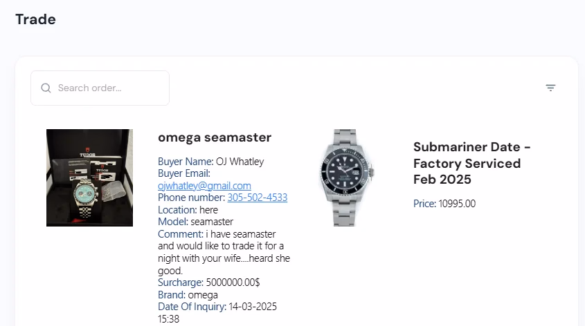 LATO AI Second Time admin dashboard Trade module showing customer watch trade request with buyer details and Omega Seamaster to Rolex Submariner offer